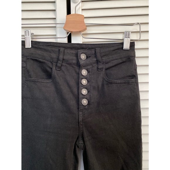 AEO Black Button Fly Super High Rise Jegging Jeans Distressed 00 skinny - Picture 8 of 8